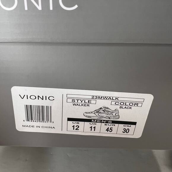 Vionic 23 Walk Leather Walking Sneakers Comfort Shoe Black Men 12M/EU 45 NWB